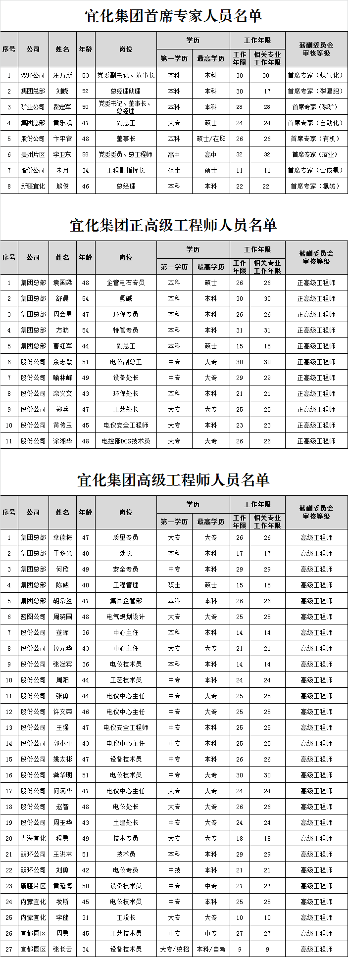 宜化集團首席專家、正高級工程師、高級工程師評審結(jié)果公示